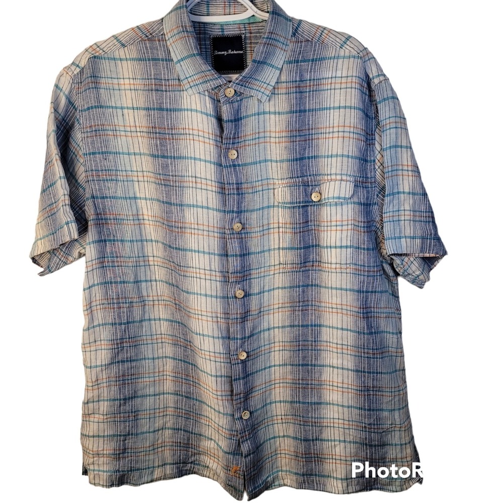 Tommy Bahama Mens 100% Linen Striped Shirt Size L Wooden Button Front Blue Orang - Picture 2 of 9